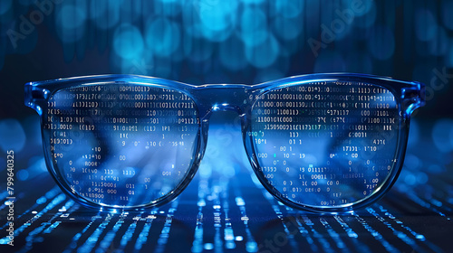 binary code reflection in glasses. binary digital data concept