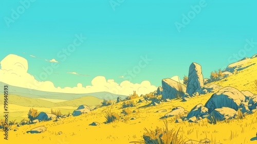 Nature Landscape with Blue Sky. Nature landscape with blue sky clouds wallpaper. Cartoon illustration of a road in a field with blue sky and clouds. Grass Field landscape with blue sky and white cloud