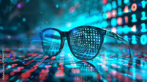 glasses is reflected in a computer screen. binary digital data concept