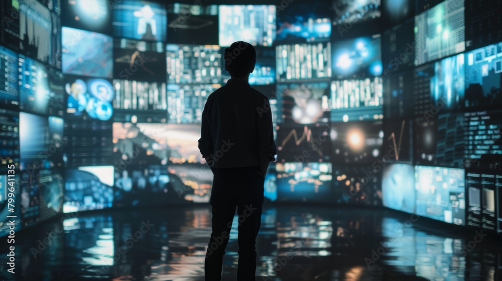 A man stands in front of a large screen filled with displays and text his body language indicating a seamless connection between himself and the digital world.. A man stands in front of a large screen filled with displays and text his body language indicating a seamless connection between himself and the digital world..