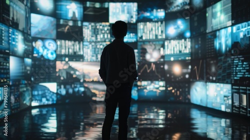 A man stands in front of a large screen filled with displays and text his body language indicating a seamless connection between himself and the digital world.. © Justlight