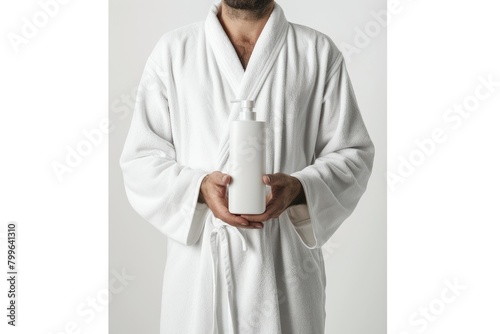 Man presenter holding a mockup bottle of skincare or shampoo product  ,Skincare product, shampoo, photo