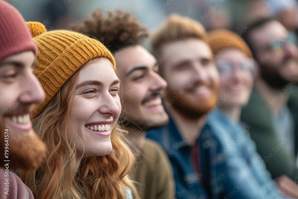 Portrait of a group of friends smiling at the camera on the street