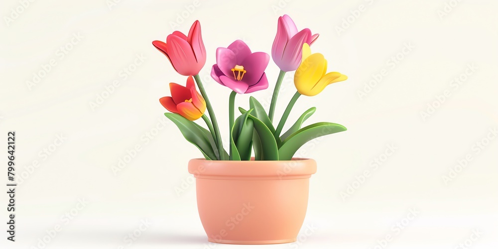 Flowers in a planter, tulip, lily, 3D, childish style, on a white background, aspect ratio 2:1