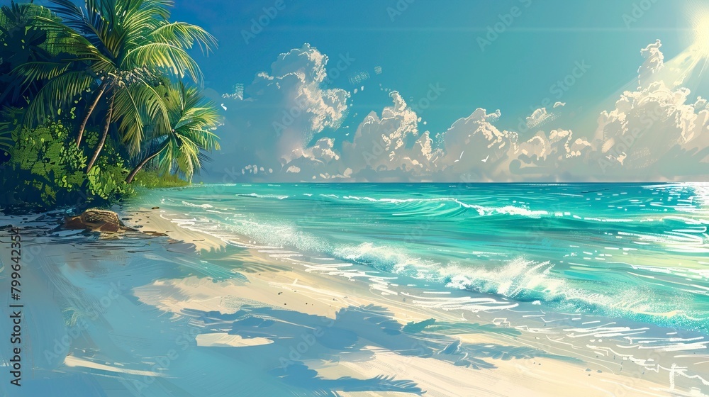 Tropical beach in the Morning, Blue Water, Smooth Sunny day, Summer days in beach
