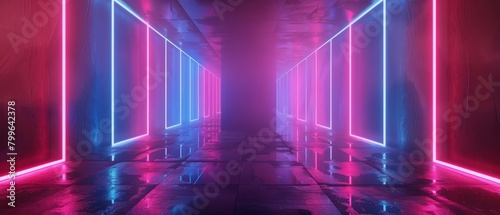 3d render, pink blue neon abstract background with glowing lines, ultraviolet light, laser show, wall reflection, rectangular shapes