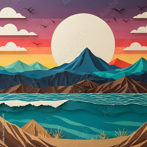 Layered Paper Cut Style Mountain and Ocean Panorama  Digital Art Background for Creative Projects