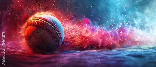 A vividly colored backdrop depicting a lively cricket ball with digital effects of fire, radiates, and blue conveys the volume of the game and space, Generative AI. photo