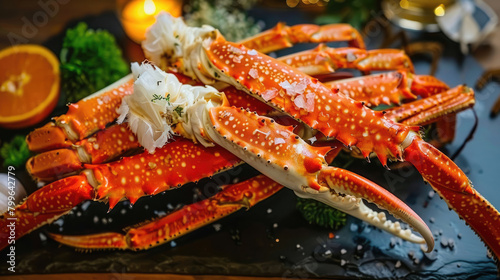 Alaska king crab claws on a black plate. Seafood restaurant menu.