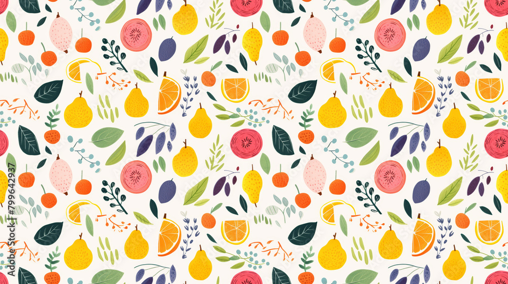 A seamless pattern of hand-drawn fruits and flowers in a whimsical style