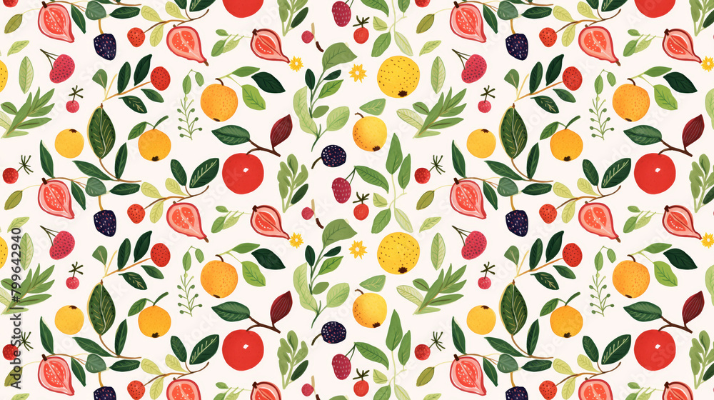 A seamless pattern of hand-drawn fruits and leaves. A seamless pattern of hand-drawn fruits and leaves.