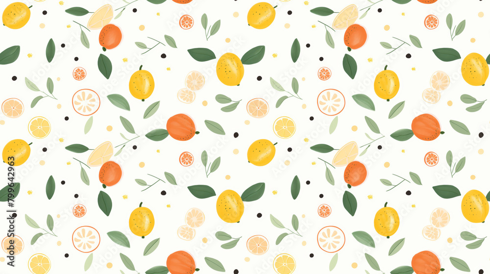 A seamless pattern of hand-drawn lemons and oranges with leaves on a white background. A seamless pattern of hand-drawn lemons and oranges with leaves on a white background.