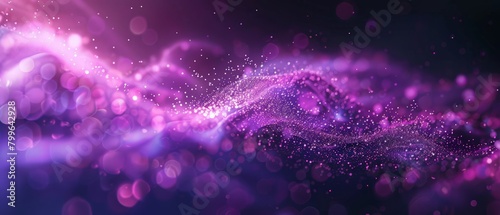 Abstract background of purple energy particles of energy magic waves flying from the wind with the effect of glow and blur bokeh.