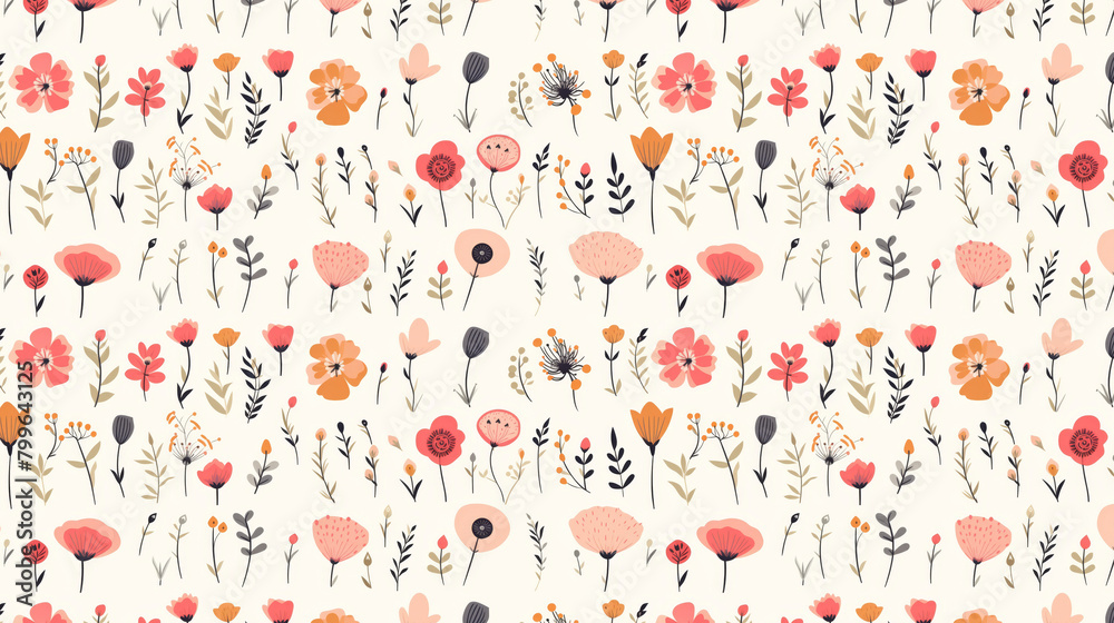 Obraz premium A seamless pattern of cute hand drawn flowers and leaves in pink, orange and grey on a cream background.