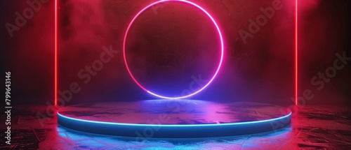 abstract background red and blue neon light product 3d stage or podium metallic or platform illustration render photo