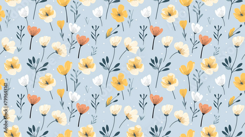 A seamless pattern of cute hand drawn flowers in a repeat pattern on a blue background.