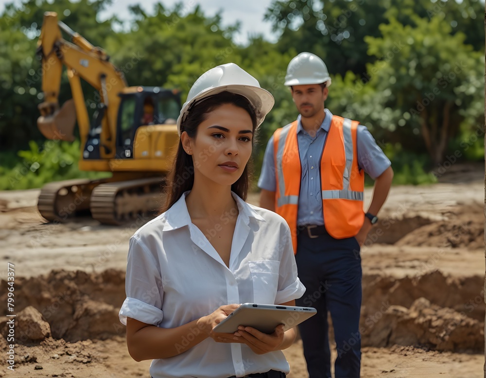 Fototapeta premium Hispanic Female Inspector Talking to Caucasian Male Land Development Manager With Tablet On Construction Site Of Real Estate Project. Excavators Preparing For Laying Foundation. Hot Sunny Day
