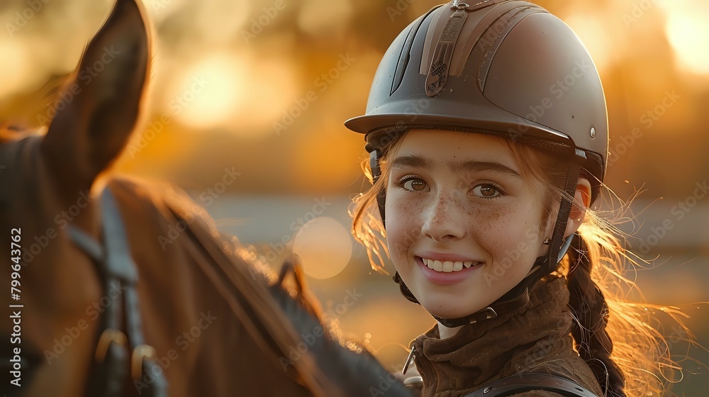Golden Hour Equestrian: A Young Rider Beaming with Happiness