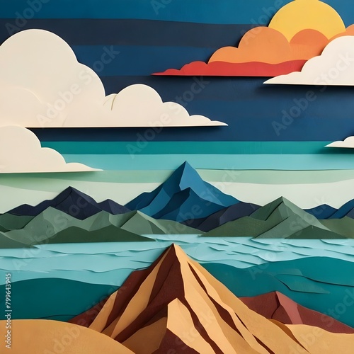 Layered Paper Cut Style Mountain and Ocean Panorama: Digital Art Background for Creative Projects