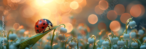 red and yellow flowers, Banner photo of lily of the valley with a ladybug