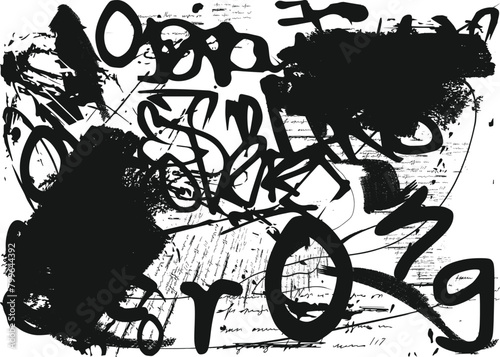 Distressed background in black and white texture with dark spots, scratches and lines. Abstract illustration, Vector graffiti seamless pattern with abstract tags, letters without meaning. Fashion art