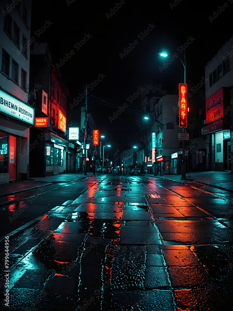 A nighttime streets sparkle with vibrant neon lights, Generative AI