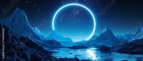 Beautiful minimalistic fantastic landscape. Bright blue neon circle among the mountains against the background of a rotating night starry sky. 3d illustration photo