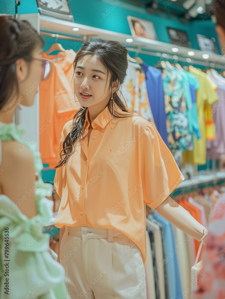A stylish woman shopping for a peach shirt with the help of a fashion expert to create a trendy look for 2024.