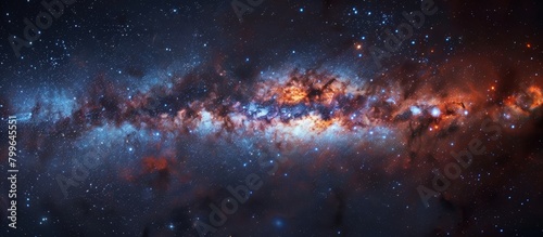 Vivid colors of blue and orange illuminate the milky way galaxy, adorned with shimmering stars in the vast expanse of space
