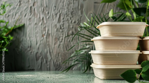 A stack of compostable takeout containers labeled Meal prep for a greener planet our packaging dissolves within 90 days..