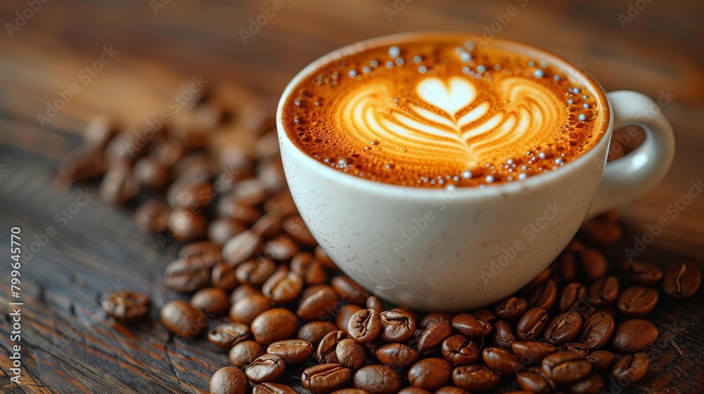 Latte Art on Coffee in Ceramic Cup. Expertly crafted latte art on top of a freshly brewed coffee in a speckled ceramic cup over a wooden background. Latte Art on Coffee in Ceramic Cup. Expertly crafted latte art on top of a freshly brewed coffee in a speckled ceramic cup over a wooden background.