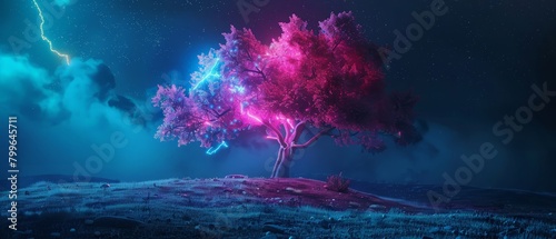 Concept art on the theme of nature pollution and radiation waste. Glowing neon pink and blue tree lights on a dark background. 3d illustration