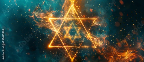 Esoteric 3d render triangle with glowing lines and star david. Occult bright geometric pentacle that ignites in mystical witchcraft fire. Polygonal alchemical talisman with pagan symbols. photo
