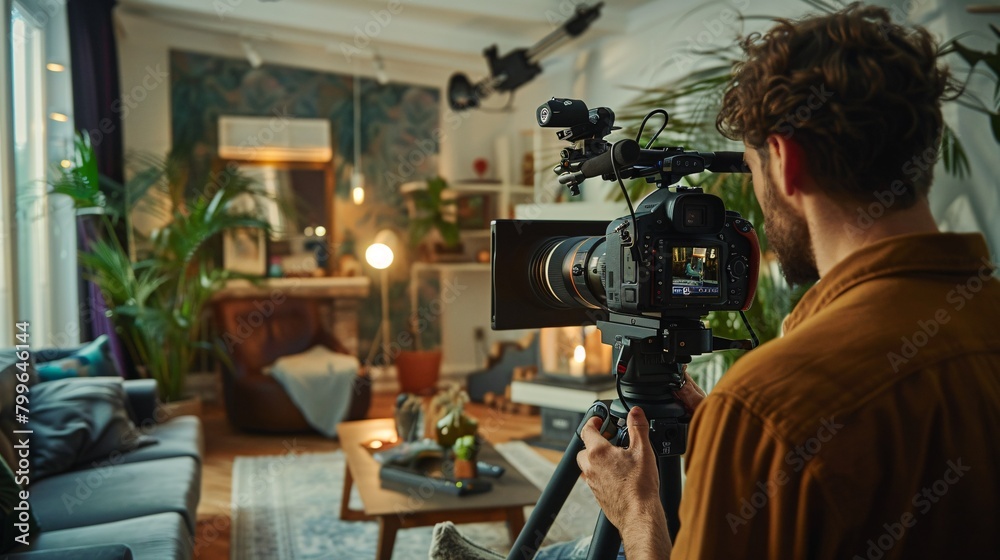 A man who works as a photographer taking pictures inside a residence for the purpose of selling properties, such as houses and apartments, and showcasing interior décor. A man who works as a photographer taking pictures inside a residence for the purpose of selling properties, such as houses and apartments, and showcasing interior décor.