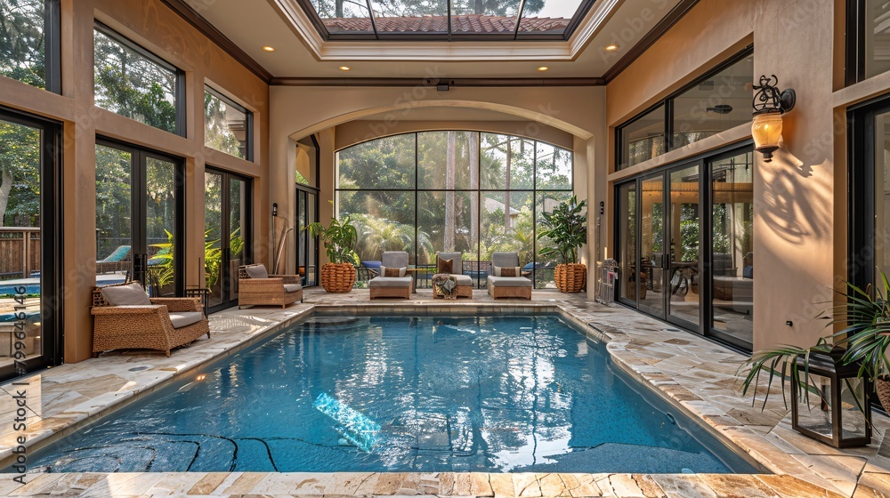 Opulent pool with abundant windows.