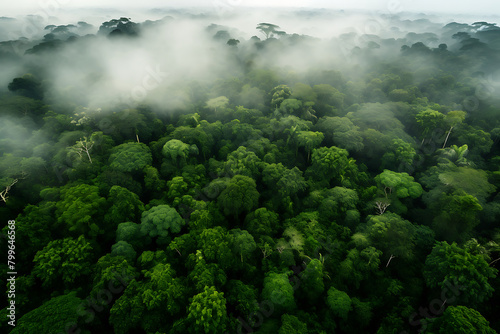 Mist enshrouds the lush canopy of the Amazon rainforest. Generative AI