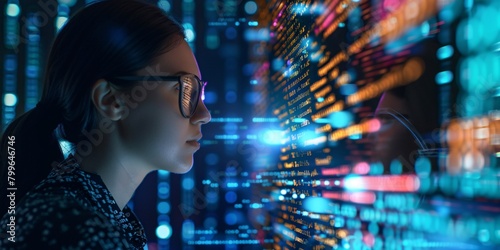 A digital technology hologram with a woman using a tablet to analyze data and a programmer wearing glasses working on 3d programming and cybersecurity.