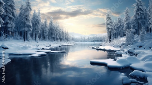 Frozen Lake Amidst Snowy Silence photo