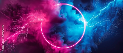 Lightning circle. Synth wave and retro wave, vaporwave futuristic aesthetics. Glowing neon style. Horizontal wallpaper, background. Stylish flyer for ad, offer, bright colors and smoke neoned effect.