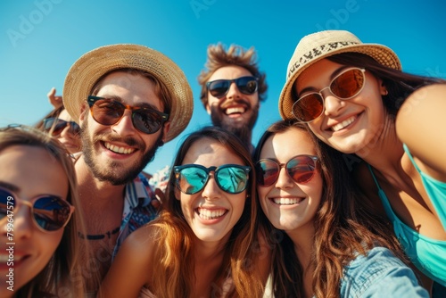 summer holidays, vacation, travel and people concept - group of smiling friends in sunglasses over blue sky background