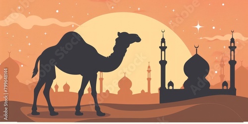 Illustration of a sacrificial camel for the Islamic Eid al-Adha holiday with a mosque and Islamic ornaments in the background.