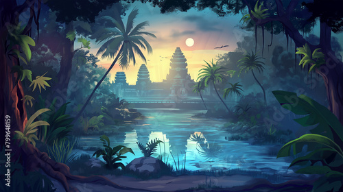 Cartoon tropical jungle forest swamp or lake landscape of Angkor Wat  Illustration.