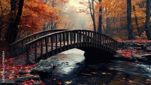 Autumn Bridge in Misty Forest