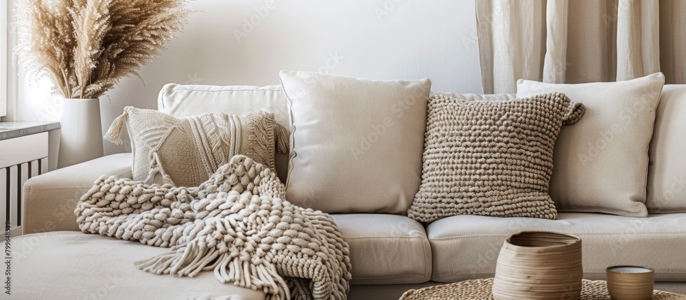 A close up of a comfortable couch featuring colorful pillows and a cozy blanket draped over it