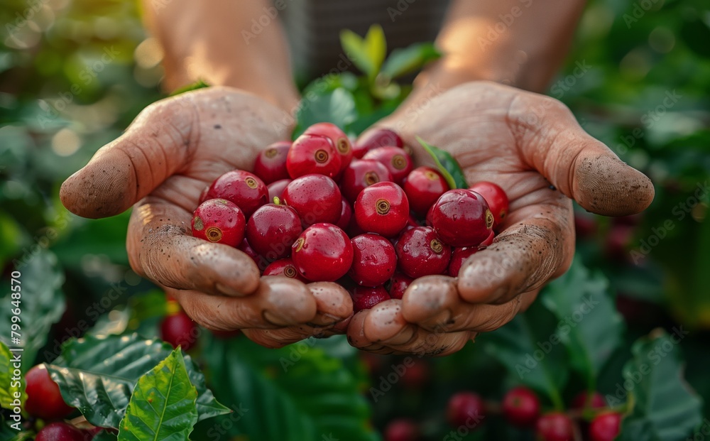 Harvested Coffee Cherries Held in Farmer's Hands. Farmer's hands cradle a bunch of freshly picked coffee cherries, symbolizing sustainable and responsible agriculture. Harvested Coffee Cherries Held in Farmer's Hands. Farmer's hands cradle a bunch of freshly picked coffee cherries, symbolizing sustainable and responsible agriculture.