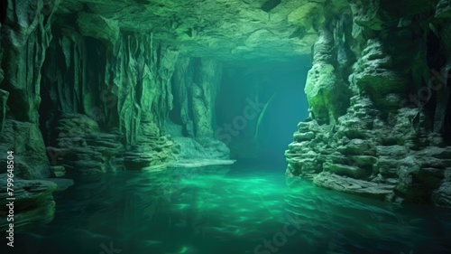 Enchanted Cave with Luminous Waters and Verdant Moss photo