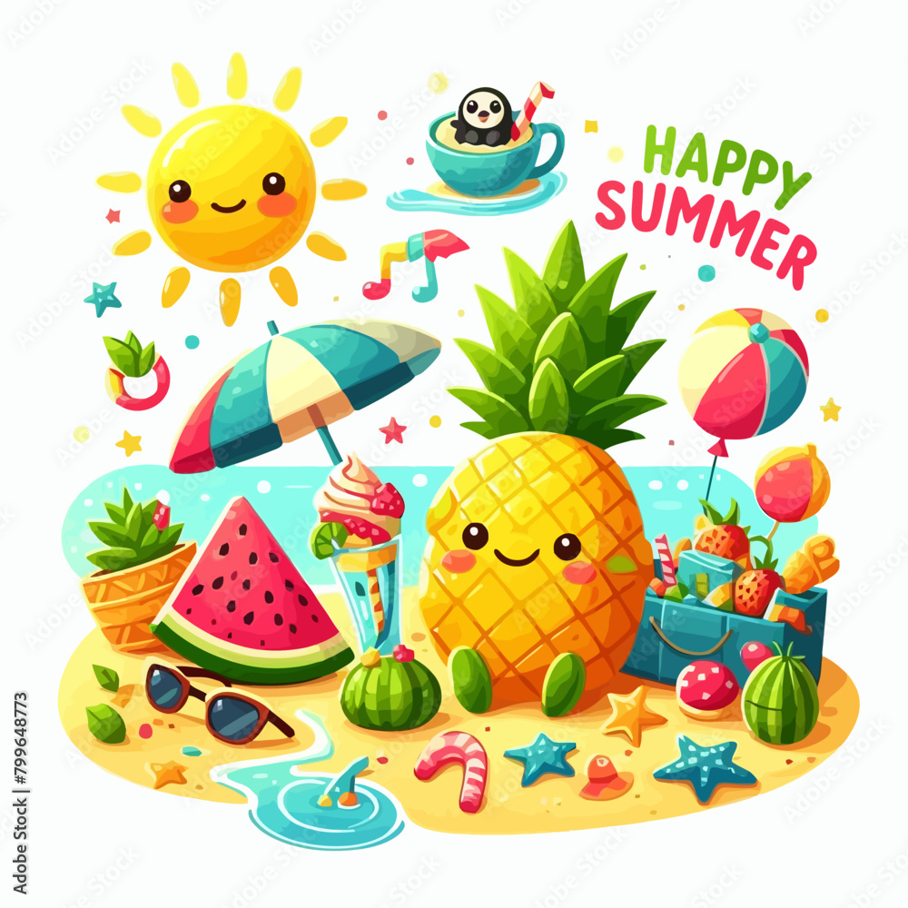 summer holiday beach elements. Hello summer lettering. Cartoon vector illustration.