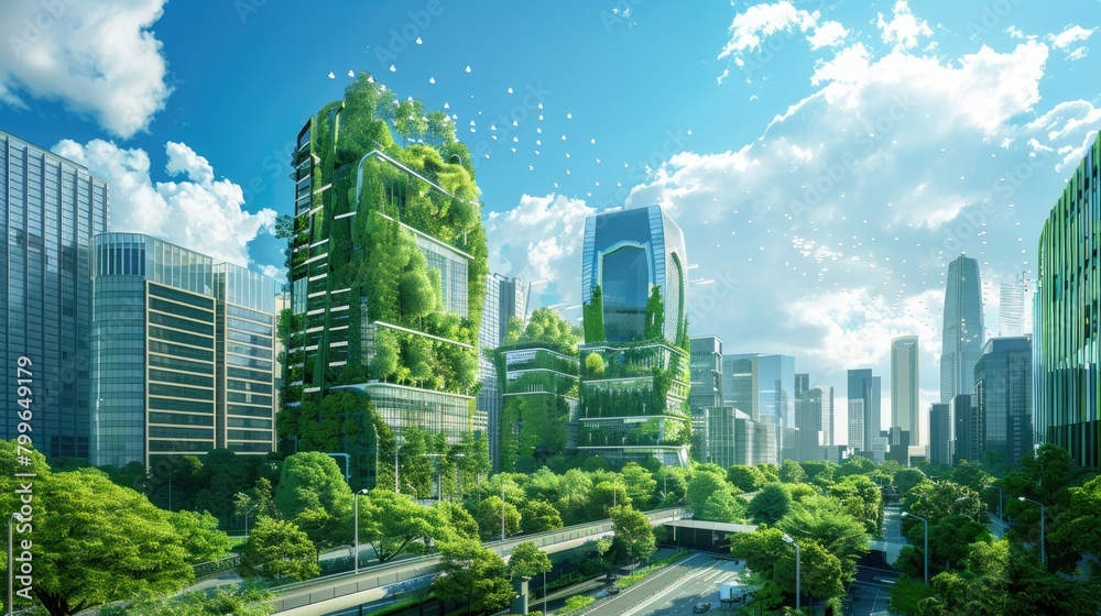 concept of smart cities and sustainable urban planning, showcasing green infrastructure and IoT solutions