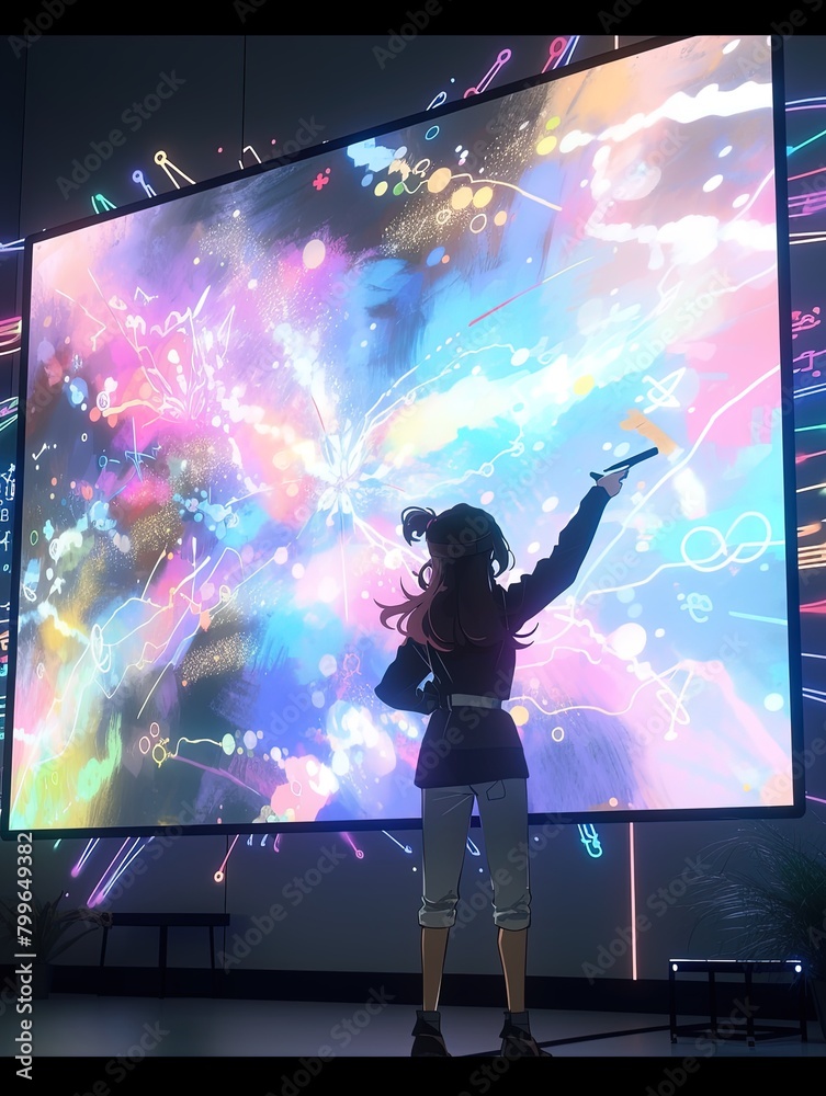Obraz premium Futuristic visual stage art, where the audience stands on a huge holographic screen, displaying dynamic abstract patterns and fluid effects, creating a dreamy spatial world 