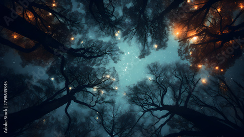 Digital tree forest looking up at the starry sky graphic poster web page PPT background